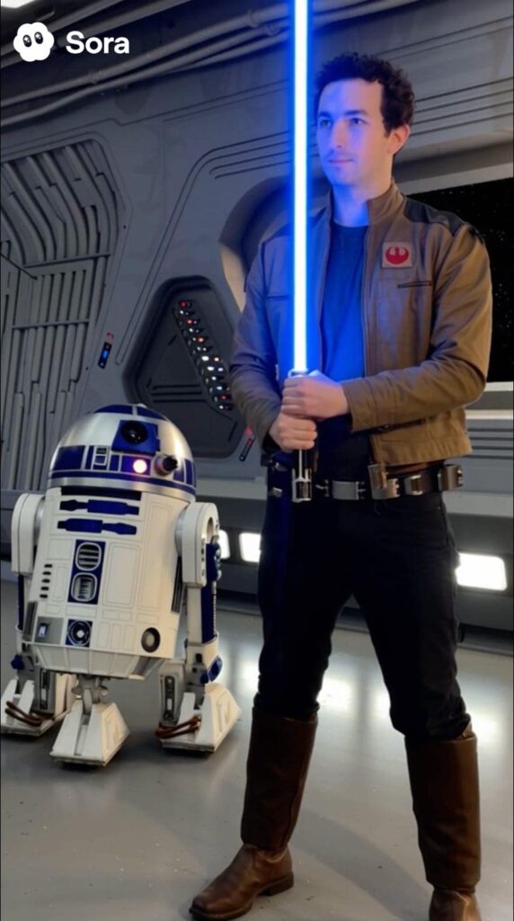 Homem em pé segurando um sabre de luz azul, acompanhado do R2D2 no cenário de Star Wars, imagem capturada de vídeo gerado com inteligência artificial Sora do OpenAI