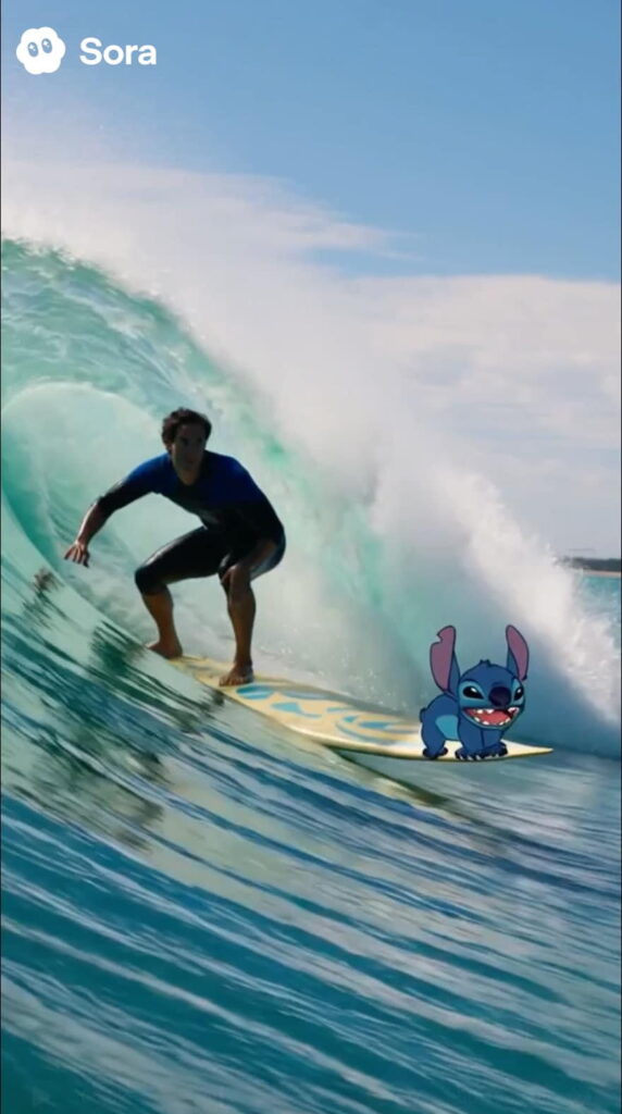 Homem em prancha de surf, acompanhado do Stitch que também surfa, imagem capturada de vídeo gerado com inteligência artificial Sora do OpenAI