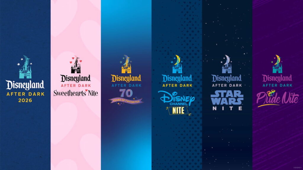 Imagem promocional de todos os eventos After Dark que acontecerão no parque temático Disneyland na Califórnia
