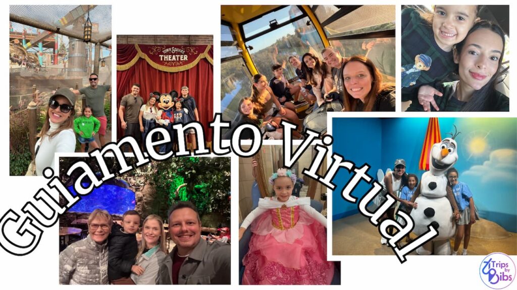 Imagem com montagem de diversas familias nos parques de Orlando aproveitando sem estresse com guiamento virtual tripsbybibs