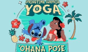 Lilo fazendo yoga acompanhada de Stitch em arte promocional do evento de Yoga da RunDisney em Orlando