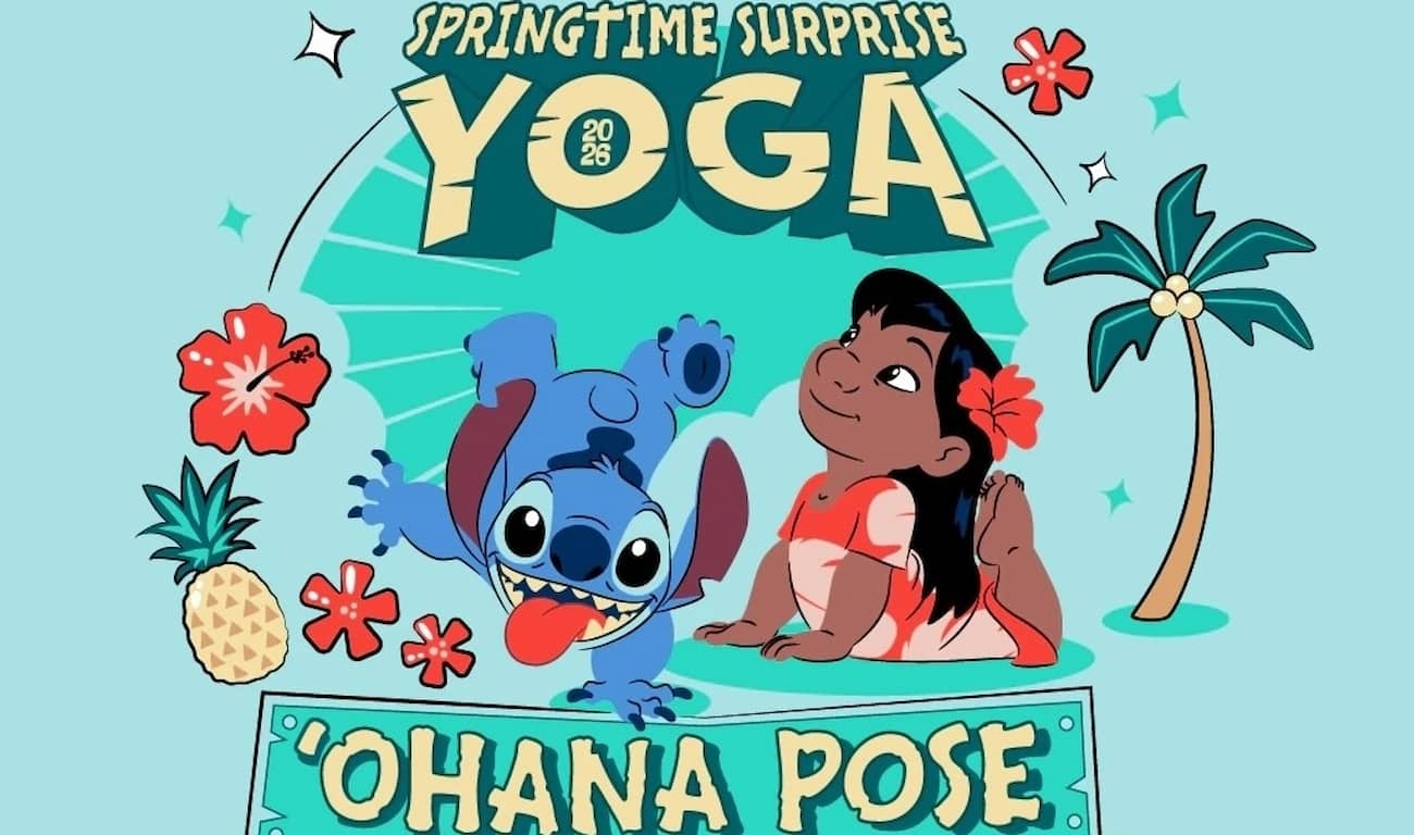 Lilo fazendo yoga acompanhada de Stitch em arte promocional do evento de Yoga da RunDisney em Orlando