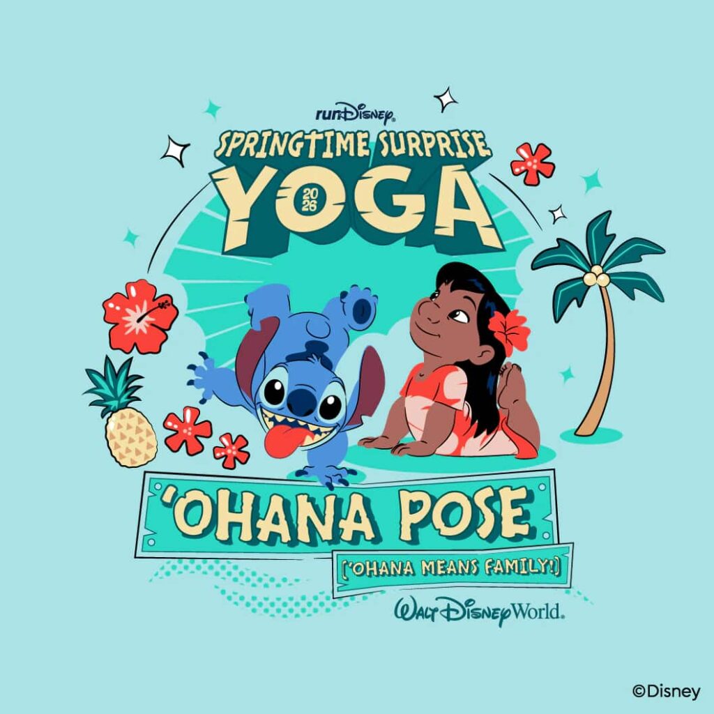 Lilo fazendo yoga acompanhada de Stitch em arte promocional do evento de Yoga da RunDisney em Orlando