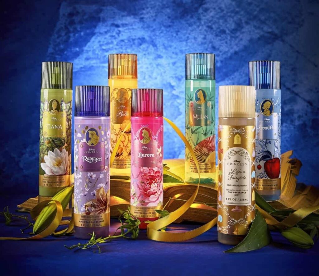 Body Splashes das princesas da coleção da Disney com a Bath and Body Works