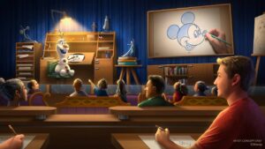 Arte conceitual de como será a aula de desenho com o Olaf no parque Disney's Hollywood Studios
