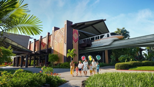 Monorail passando pelo Hotel Disney's Polynesian Resort, hotel de luxo em Walt Disney World Resort, na Flórida