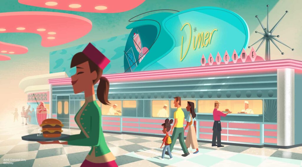 Arte conceitual do Annettes Diner, restaurante estilo retrô da Disneyland Paris
