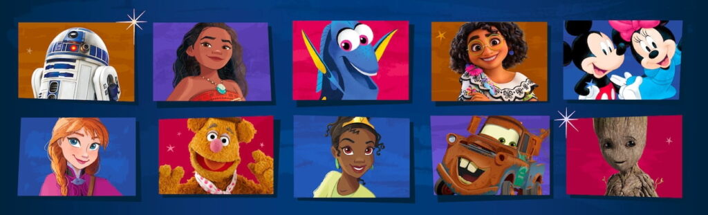 Interface de alguns personagens disponíveis na versão da Alexa construída para a Disney