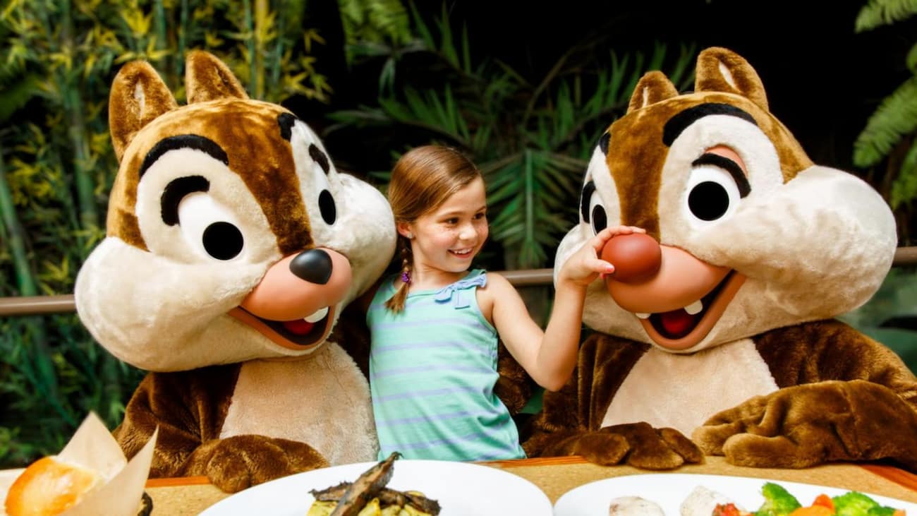 Menina interage com Tico e Teco durante refeição no restaurante Garden Grill no parque temática Epcot em Walt Disney World Resort que conta com personagens no café da manhã, almoço e jantar