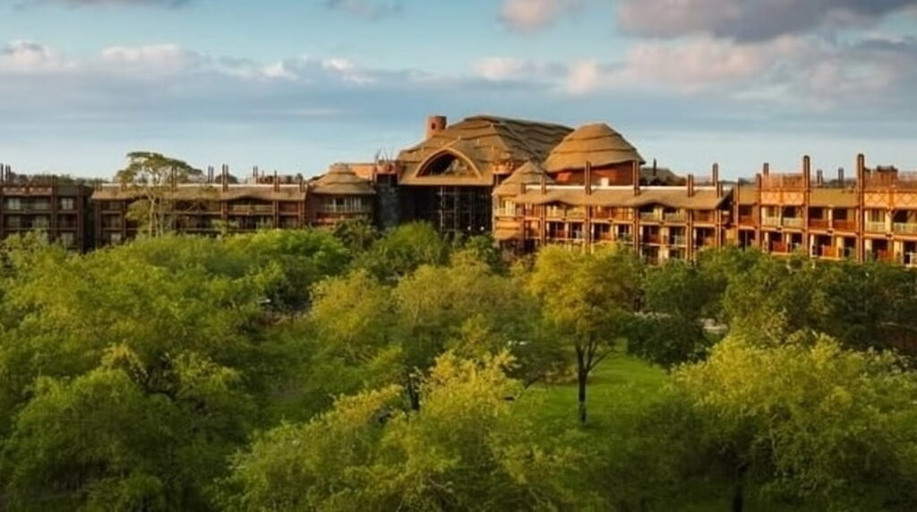 Fachada do Disney's Animal Kingdom Lodge hotel de luxo dentro do Resort Walt Disney World, nas proximidades do parque temático Animal Kingdom