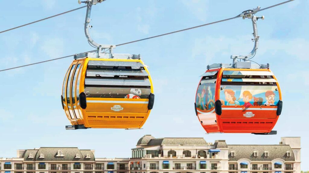 Skyliner, o teleférico, meio de transporte do Disney's Riveira Resort, hotel de luxo do complexo Walt Disney World Resort em Orlando na Flórida
