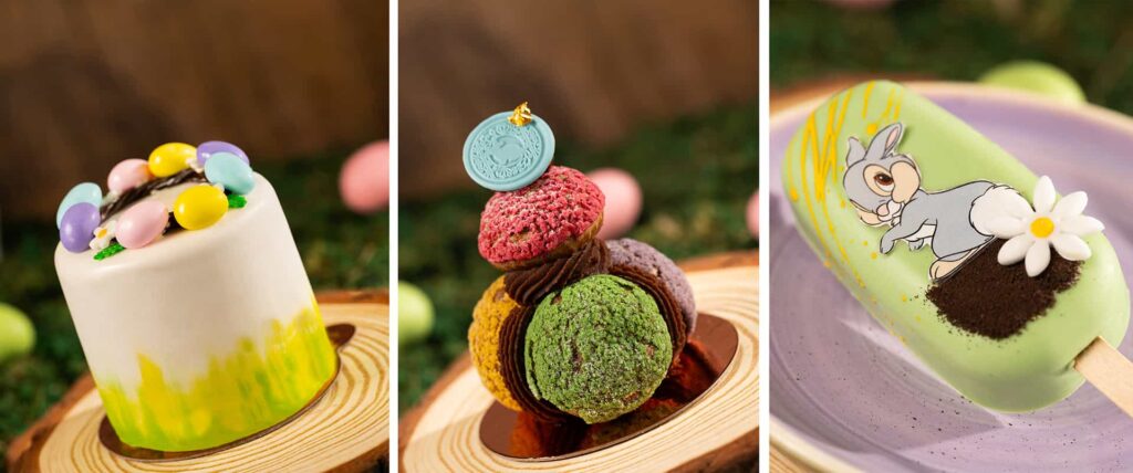 Alguns dos doces temáticos servidos na Amorette's de Disney Springs durante a páscoa em Walt Disney World Resort