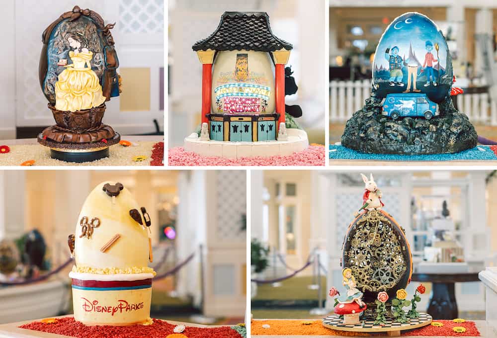 Exposição de Ovos de chocolate artísticos temáticos com filmes e personagens da Disney no hotel durante a páscoa em Walt Disney World Resort Orlando