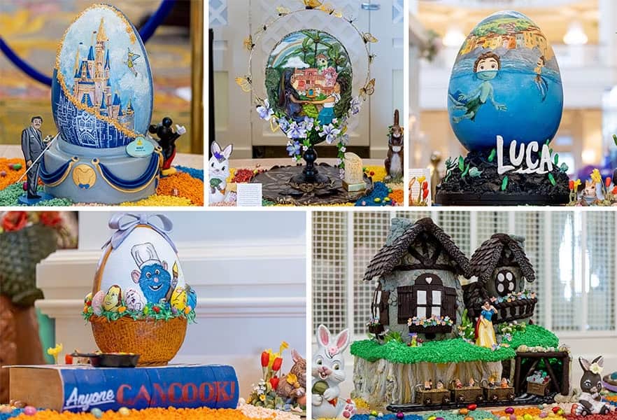 Exposição de Ovos de chocolate artísticos temáticos com filmes e personagens da Disney no hotel durante a páscoa em Walt Disney World Resort Orlando