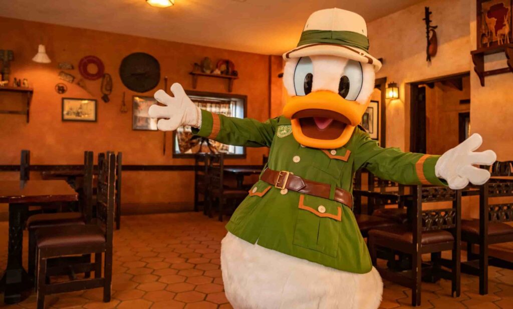 Donald no restaurante Tusker House que oferece refeição com personagens dentro do parque Disney's Animal Kingdom