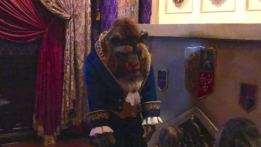 Fera passa cumprimentando os visitantes durante as refeições no restaurante Be Our Guest em Walt Disney World Resort no Magic Kingdom