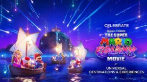 Poster de Super Mario Galaxy Movie que tem celebração especial nos parques da Universal Orlando e Hollywood, é possível ver Mário, Princesa Peach, Luigi e Toads em barcos com estrelas enormes e sob uma chuva de estrelas cadentes