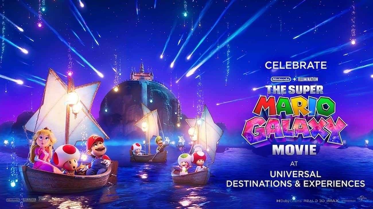 Poster de Super Mario Galaxy Movie que tem celebração especial nos parques da Universal Orlando e Hollywood, é possível ver Mário, Princesa Peach, Luigi e Toads em barcos com estrelas enormes e sob uma chuva de estrelas cadentes