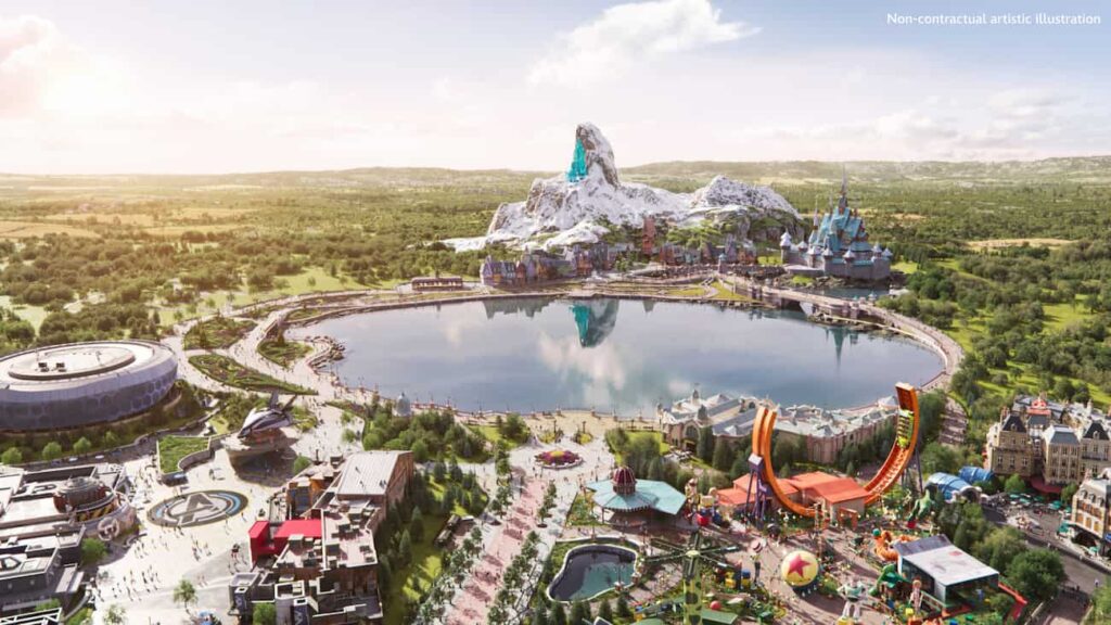 Vista aérea do parque Adventure World na Disneyland Paris