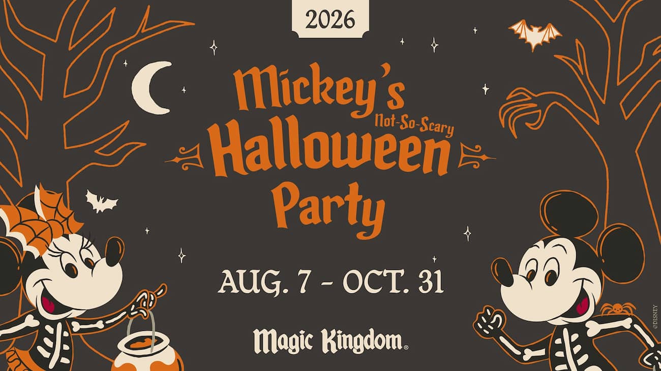 Imagem ilustrativa para divulgação das datas da Mickey's Not So Scary Halloween Party 2026 no Magic Kingdom em Walt Disney World Resort