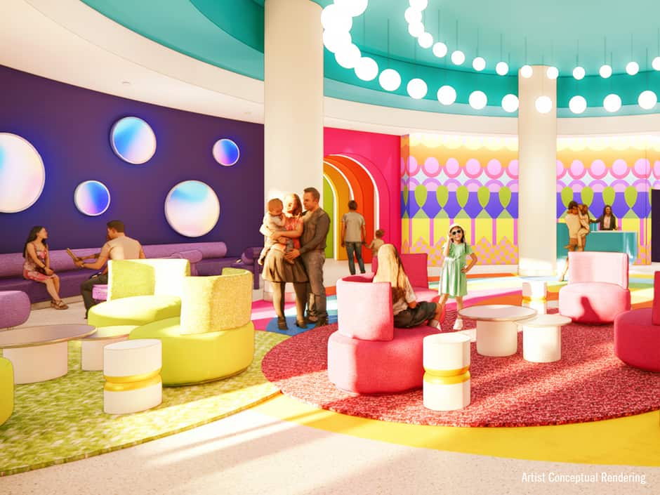 Lobby do novo hotel do Universal Kids Resort que será inaugurado em 2026 no Texas