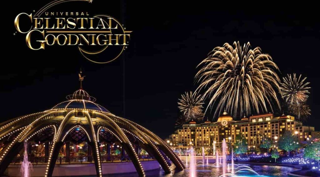 Arte conceitual do novo show noturno Celestial Goodnight que será apresentado no Epic Universe envolvendo fogos de artificio, projeções e águas dançantes