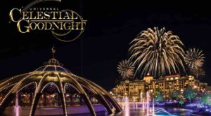 Arte conceitual do novo show noturno Celestial Goodnight que será apresentado no Epic Universe envolvendo fogos de artificio, projeções e águas dançantes