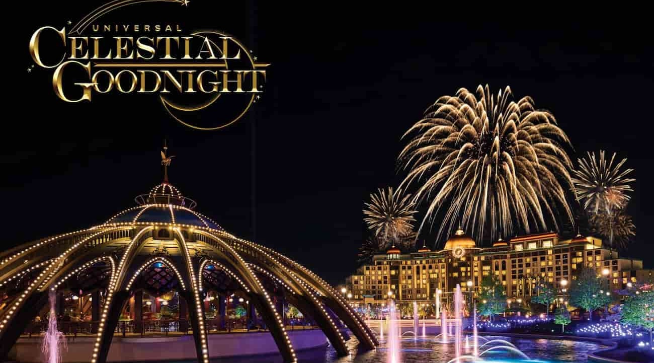 Arte conceitual do novo show noturno Celestial Goodnight que será apresentado no Epic Universe envolvendo fogos de artificio, projeções e águas dançantes
