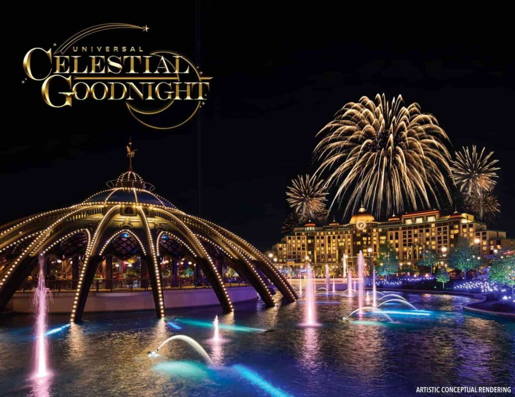 Arte conceitual do novo show noturno Celestial Goodnight que será apresentado no Epic Universe envolvendo fogos de artificio, projeções e águas dançantes