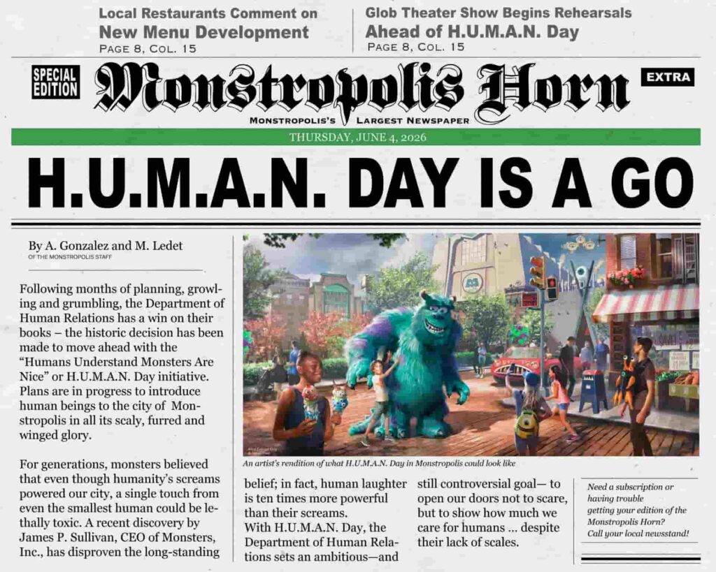 Jornal de Monstrópolis noticia que HUMAN DAY está com tudo, mostrando a história que será contada na nova área de Monstros S.A que irá inaugurar no Hollywood Studios