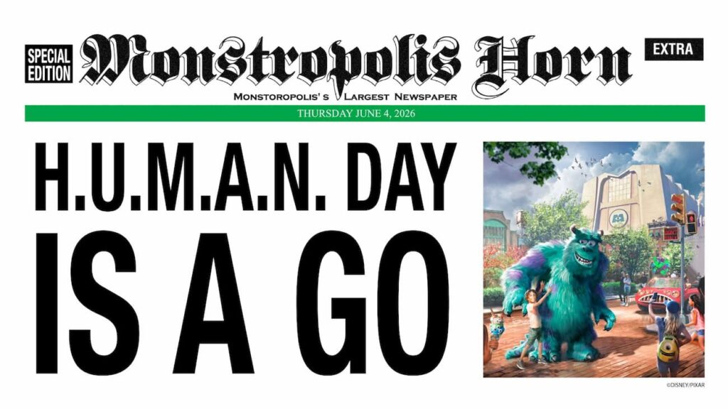 Jornal de Monstrópolis noticia que HUMAN DAY está com tudo, mostrando a história que será contada na nova área de Monstros S.A que irá inaugurar no Hollywood Studios