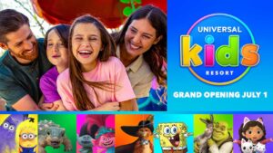 Familia se diverte no novo parque Universal Kids Resort em Frisco no Texas, a imagem possui personagens como moldura, podemos ver, Minions, Trolls, Bob Esponja, Gato de Botas, Shrek e Burro