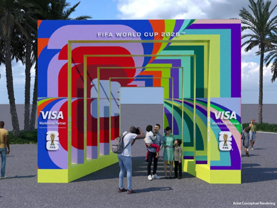 Visa é a patrocinadora das transmissões ao vivo da COPA do mundo 2026 que acontecem no Citywalk da Universal e tem tunes decorativo para fotos