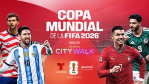 Arte da comemoração oficial que acontece no Universal Citywalk durante os jogos da Copa do Mundo Fifa 2026