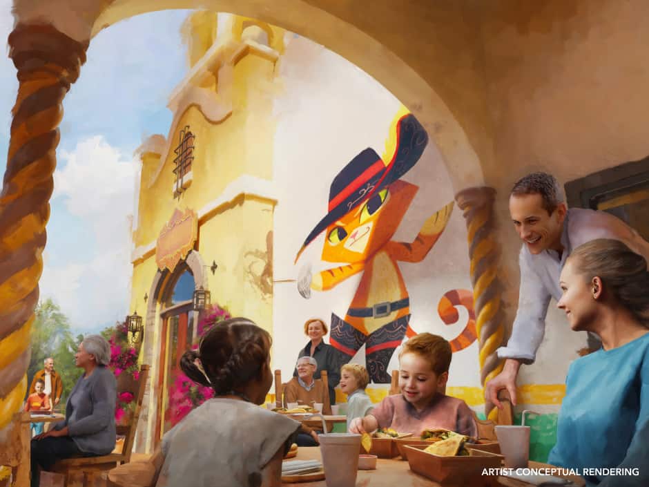 Gato de Botas pintado na parede de uma das praças de alimentação do novo parque de diversões infantil Universal Kids Resort que será inaugurado em Frisco no Texas