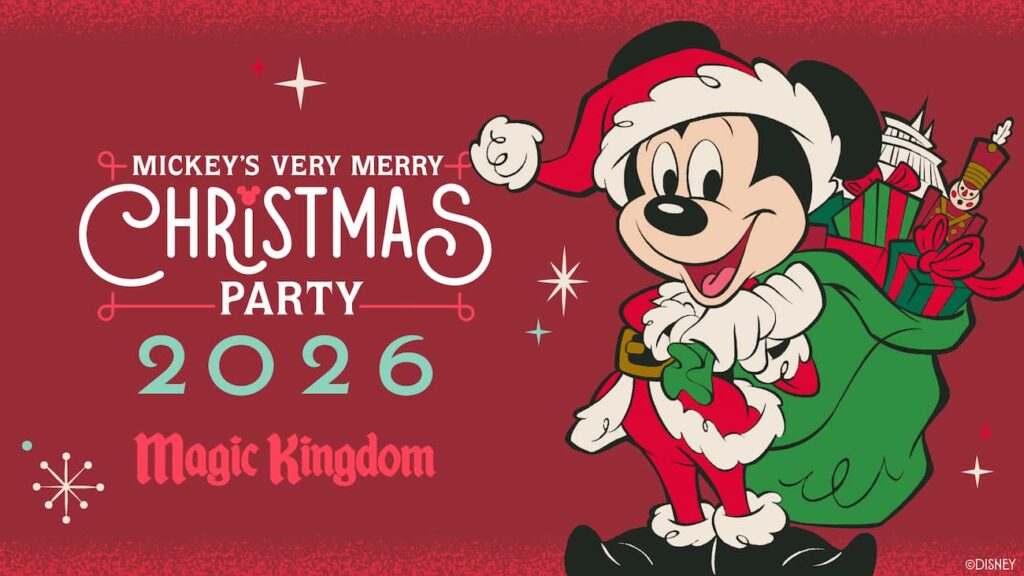 Arte de divulgação da Mickey's Very Merry Christmas Party, a festa de Natal do Magic Kingdom Park em Walt Disney World Resort, traz Mickey Mouse vestido de Papai Noel com um saco de presentes grande e verde