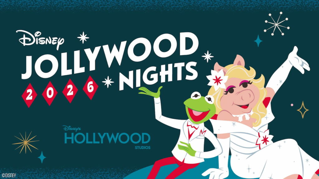Arte de divulgação da Jollywood Nights, a festa de natal do Hollywood Studios em Walt Disney World Resort, esse ano estrelndo a Pig e o Caco dos Muppets