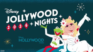 Arte de divulgação da Jollywood Nights, a festa de natal do Hollywood Studios em Walt Disney World Resort, esse ano estrelndo a Pig e o Caco dos Muppets