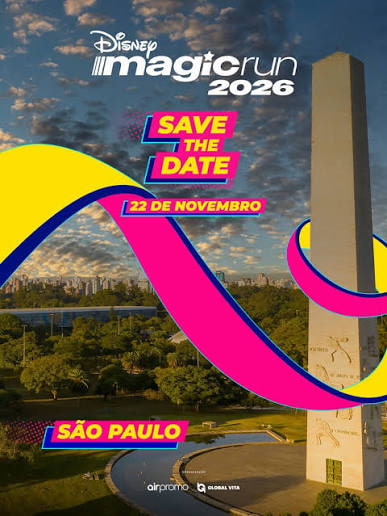 Imagem de divulgação da Disney Magic Run em São Paulo 2026 traz o Obelisco do Ibirapuera, onde ocorrerá a corrida com a data
