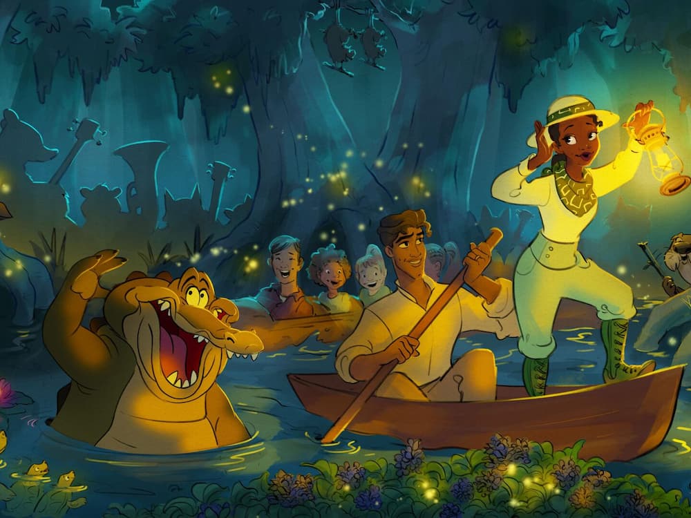 Tiana com Naveen e outros personagens do seu filme
