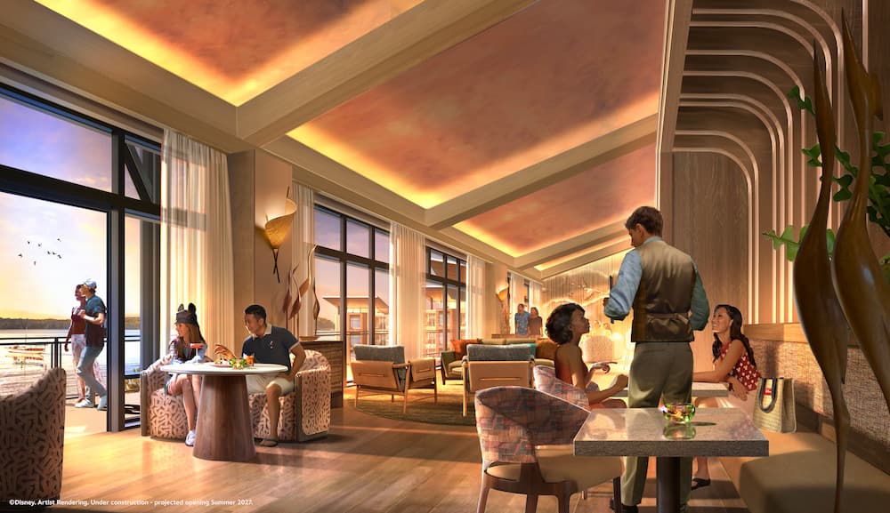 Arte conceitual dos quartos e cabanas que estarão disponíveis para hóspedes a partir de 2027 no Disney Lakeshore Lodge, novo hotel de luxo de Walt Disney World