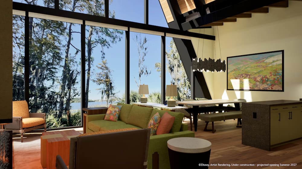 Arte conceitual dos quartos e cabanas que estarão disponíveis para hóspedes a partir de 2027 no Disney Lakeshore Lodge, novo hotel de luxo de Walt Disney World