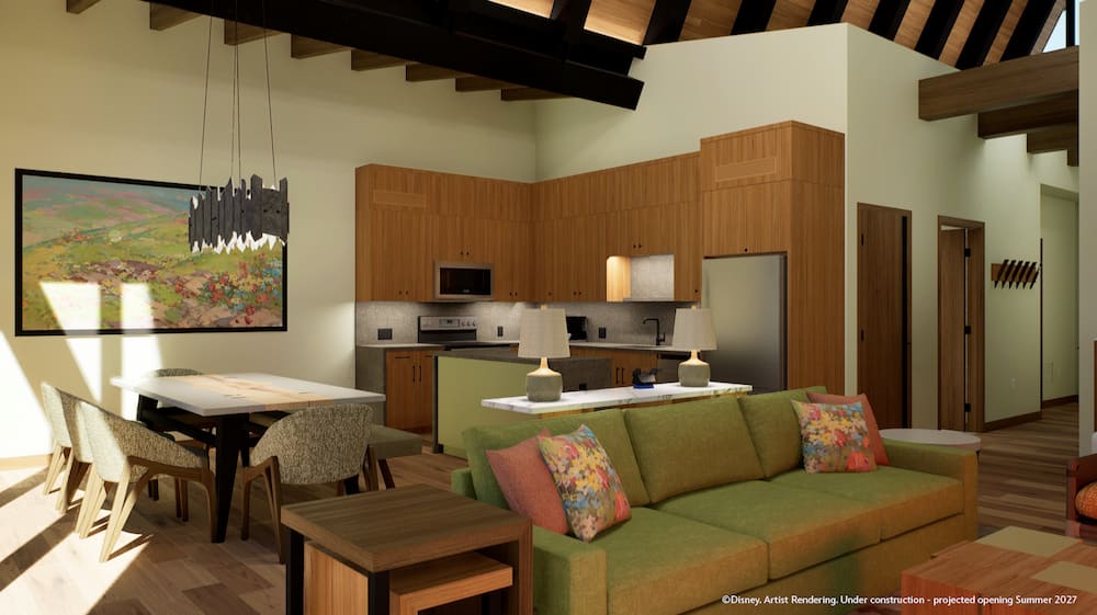 Arte conceitual dos quartos e cabanas que estarão disponíveis para hóspedes a partir de 2027 no Disney Lakeshore Lodge, novo hotel de luxo de Walt Disney World