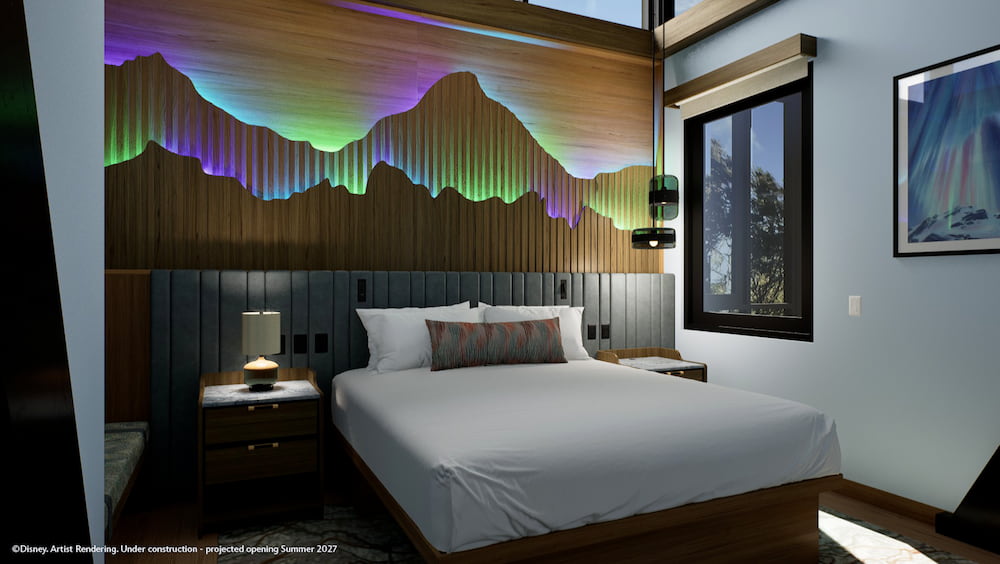 Arte conceitual dos quartos e cabanas que estarão disponíveis para hóspedes a partir de 2027 no Disney Lakeshore Lodge, novo hotel de luxo de Walt Disney World