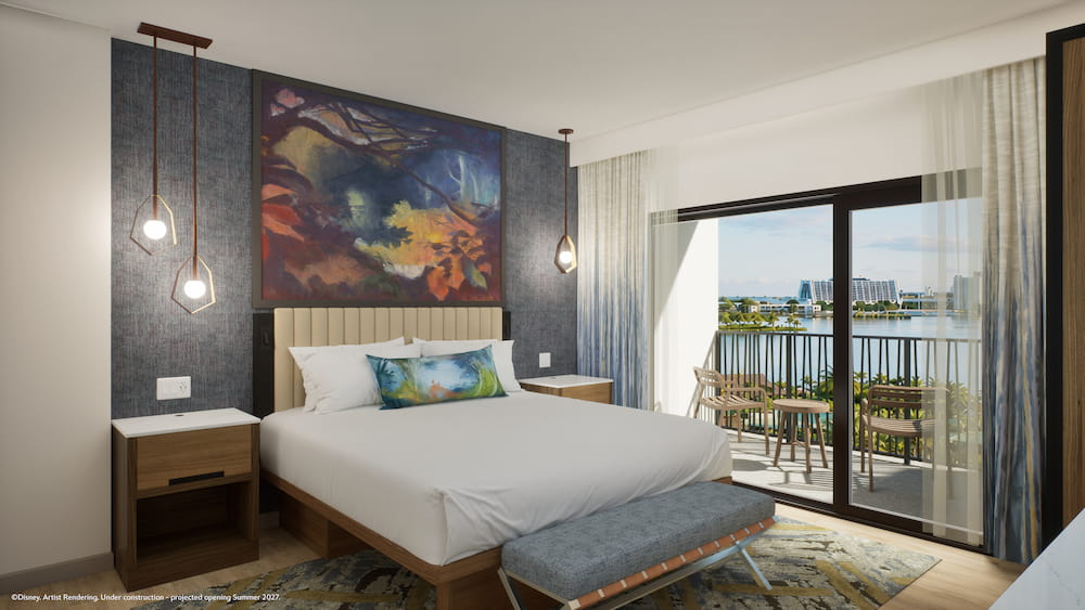 Arte conceitual dos quartos e cabanas que estarão disponíveis para hóspedes a partir de 2027 no Disney Lakeshore Lodge, novo hotel de luxo de Walt Disney World