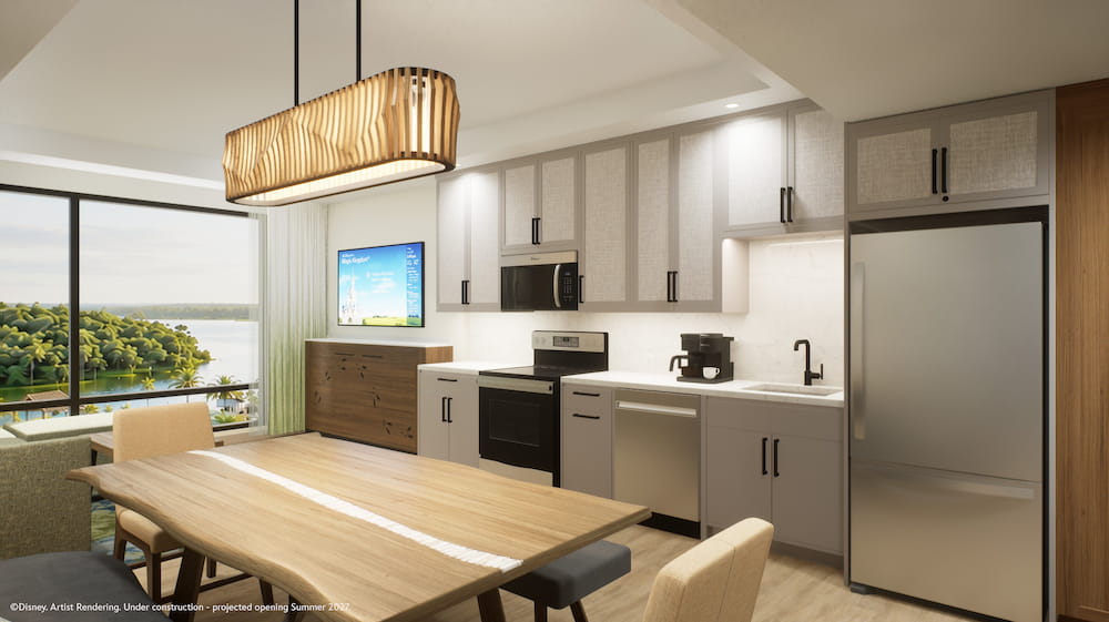 Arte conceitual dos quartos e cabanas que estarão disponíveis para hóspedes a partir de 2027 no Disney Lakeshore Lodge, novo hotel de luxo de Walt Disney World