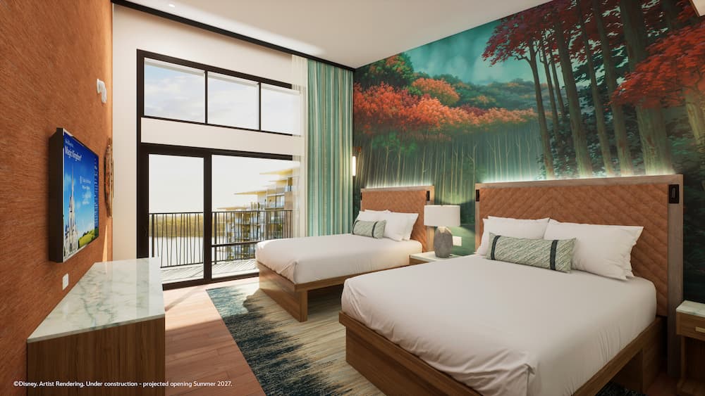 Arte conceitual dos quartos e cabanas que estarão disponíveis para hóspedes a partir de 2027 no Disney Lakeshore Lodge, novo hotel de luxo de Walt Disney World