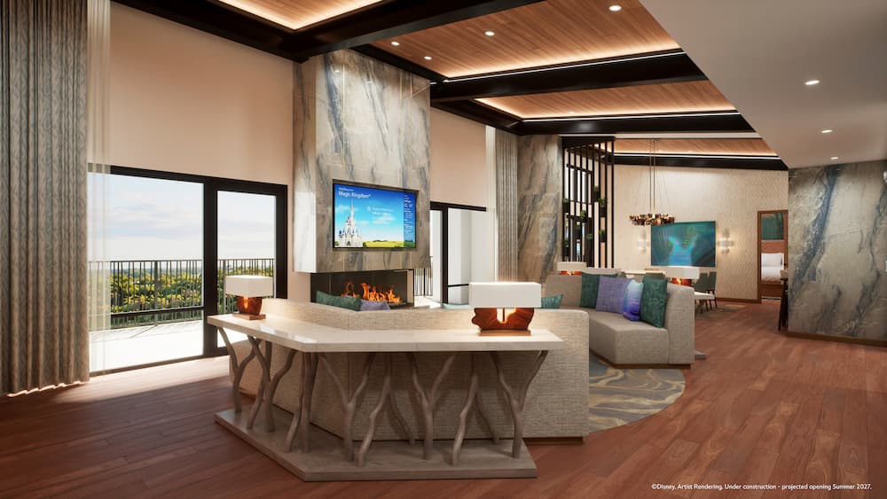 Arte conceitual dos quartos e cabanas que estarão disponíveis para hóspedes a partir de 2027 no Disney Lakeshore Lodge, novo hotel de luxo de Walt Disney World