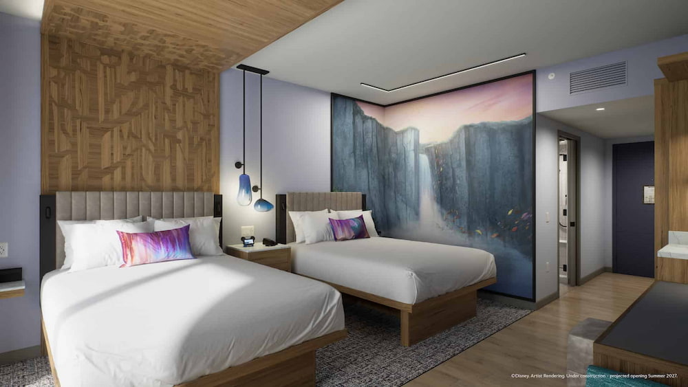 Arte conceitual dos quartos e cabanas que estarão disponíveis para hóspedes a partir de 2027 no Disney Lakeshore Lodge, novo hotel de luxo de Walt Disney World