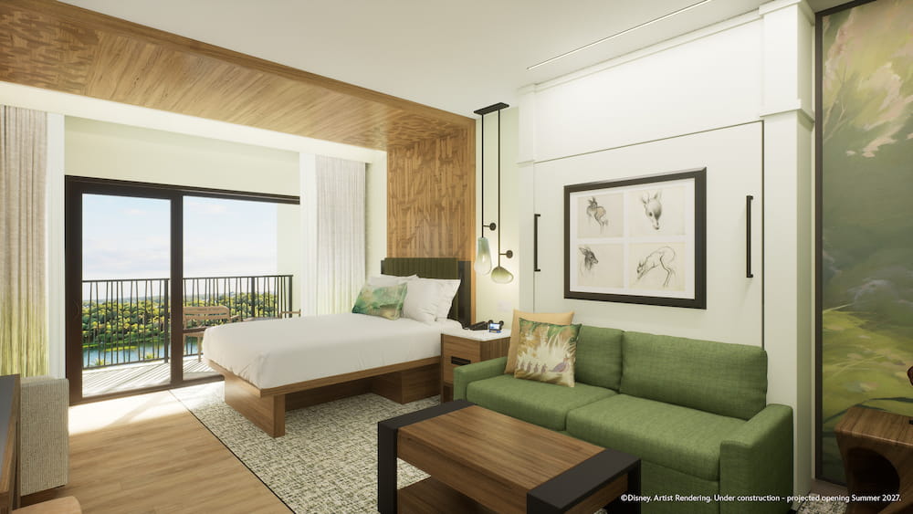 Arte conceitual dos quartos e cabanas que estarão disponíveis para hóspedes a partir de 2027 no Disney Lakeshore Lodge, novo hotel de luxo de Walt Disney World
